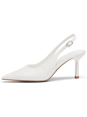 Women's White PU Rubber Slingback Kitten Heels Closed Pointed Toe Buckle Pumps